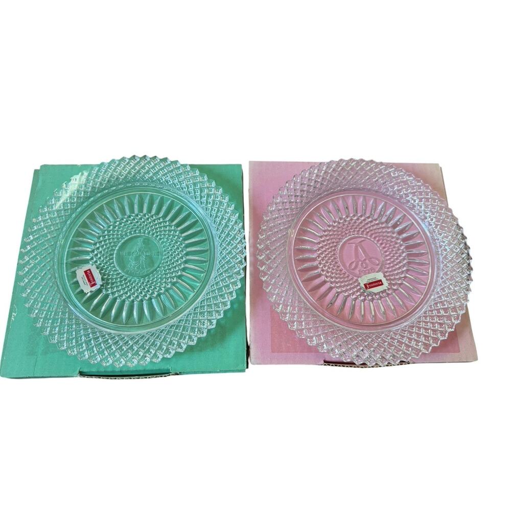 Vintage Fostoria Avon Award Glass Plates Pink Aqua American Pattern Lot 2 1978